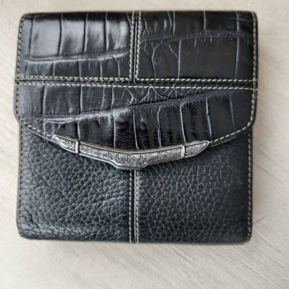 Brighton Black Leather Wallet Pebbled Finish Croc Pattern With Silver Accents